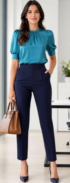 Blusa turquesa e calça azul-marinho