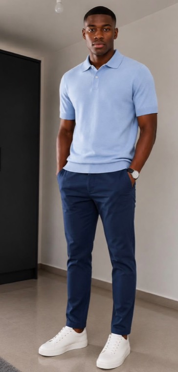 Polo azul-claro e calça azul-marinho
