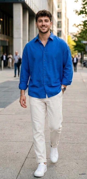 Camisa azul royal e calça off-white
